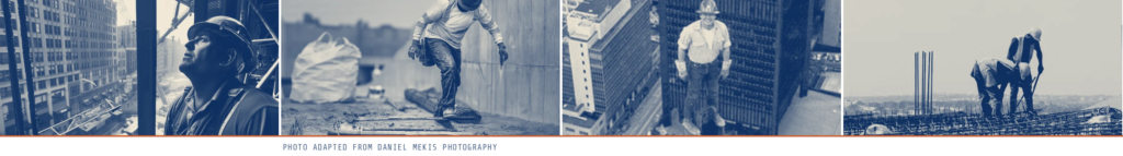 Four-panel photo strip of construction workers on a high-rise job site