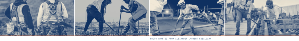 four panel image strip of construction workers working together