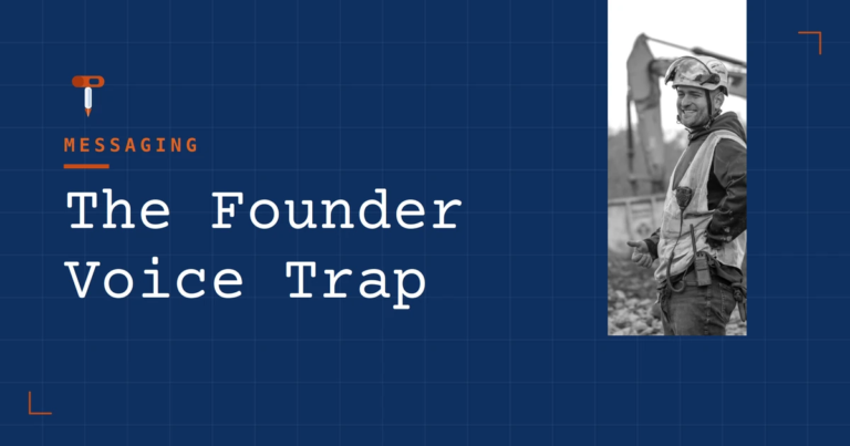 HammerScript blog header "The Founder Voice Trap," on construction software founders using language supers and estimators never use.