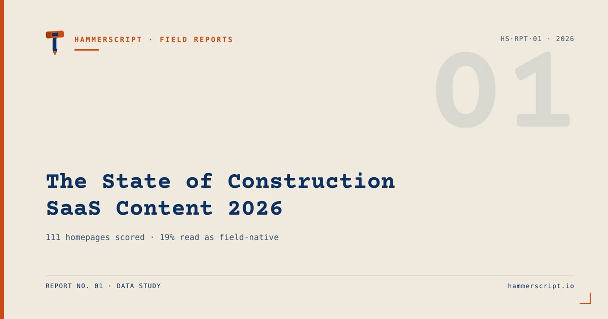 HammerScript Field Report No. 01 cover, "The State of Construction SaaS Content 2026," on scoring 111 construction software homepages for field-native language.